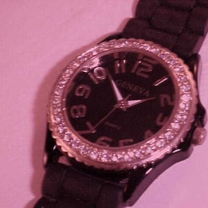 Women s Geneva Quartz Wrist Watch With Black and Silver Rhinestoned Case and Black Soft Silicone Band Working