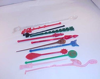 12 Plastic Cocktail Mixing Sticks - Figural and Advertising Cocktail Sticks