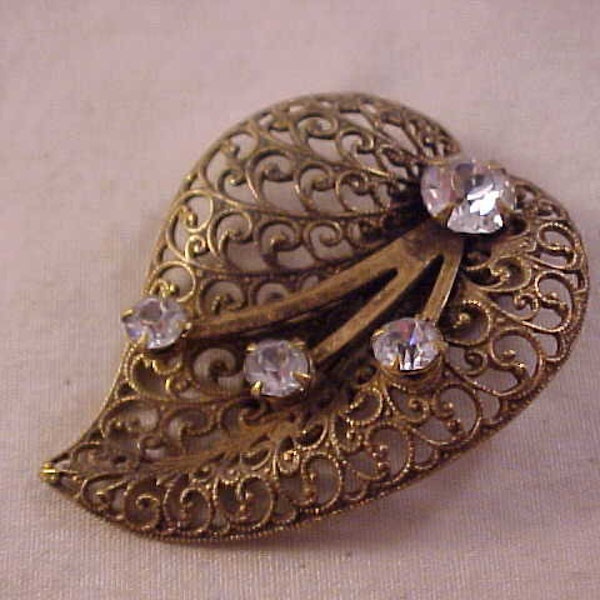 Brass Dress Clip With White Rhinestone Accents