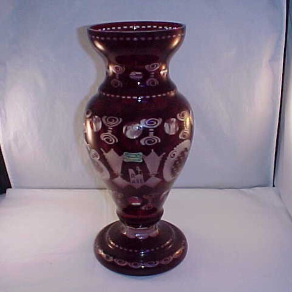 Large Egermann Bohemian Glass Vase Red Cut To Clear Made In The Czech Republic