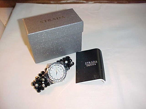 Women s Strada Genoa Quartz Wrist Watch With Black Bead and White Rhinestone Stretch Band Working Condition Etsy
