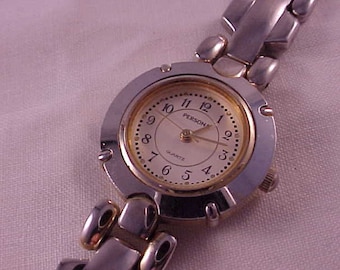 Persona Women s Quartz Wrist Watch With Silver With Gold Accents Case and Stainless Steel Silver Link Band Working Condition Etsy