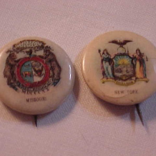 2 Sweet Caporal Cigarette Pins Pinback Buttons Advertising Premium Pins - Missouri and New York State Seals