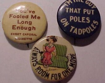 3 Cigarette Advertisng Premium Vintage Pin Pinback Button - Sweet Caporal Clix and Tokio Cigarette Premiums