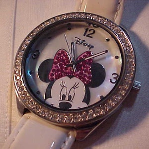 Minnie Mouse Disney Wristwatch With Like New White Leather Band Working Condition Accutime Watch Corp