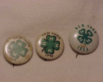 New York 4H Club Pins From 1939, 1942 and 1953 Pin Back Button and Ribbon