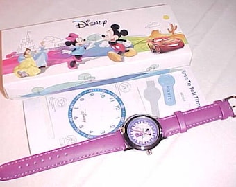 DISNEY MINNIE MOUSE Kids Time Teacher Watch In Original Box Working Condition With Purple Genuine Leather Band