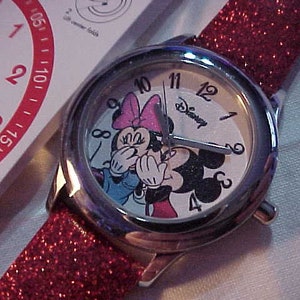 Disney Mickey and Minnie Mouse Quartz Watch In Original Box Working Condition With Red Glitter Simulated Leather Front and Leather Back Band