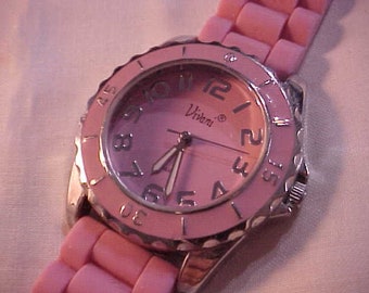 Women's Vivani Silver and Pink Quartz Watch Working Condition With Pink Silicone Band