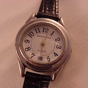 Generra Women&#39;s Quartz Wrist Watch With Date and Black Genuine Leather Band Working Condition