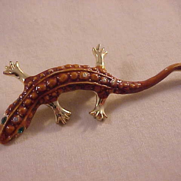 Salamander Jewelry Pin With Green Rhinestone Eyes