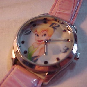 Disney Tinkerbell Quartz Wristwatch Working Condition Watch Silver Case and Pink Vinyl Band