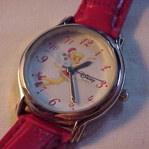 Christmas Theme Disney Tinkerbell Quartz Wristwatch Working Condition Watch Silver Tone Case and Red Disney Leather Band