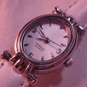 Women's Diamond Quartz Watch Silver Case Working Condition With White Genuine Leather Band