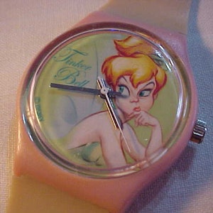 Disney Tinkerbell Quartz Wristwatch Working Condition Watch Pink Plastic Case and Cream Color Silicone Band