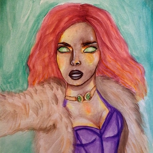 May include: Watercolor painting of a woman with red hair, green eyes, and a purple bodice. She is wearing a fur coat and a necklace with green stones.