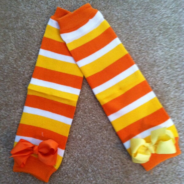 SALE Orange and Yellow Candy Corn Striped Halloween Leg Warmers with bows