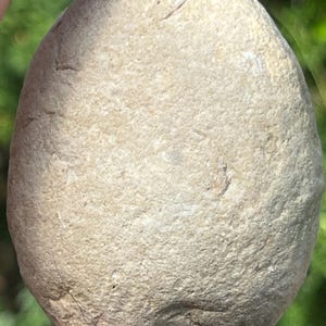 Könnte beinhalten: Ein glatter, oval geformter Stein in hellem Beige. Der Stein hat eine strukturierte Oberfläche mit kleinen Unvollkommenheiten und Farbvariationen. Der Stein wird zwischen Fingern vor einem verschwommenen grünen Hintergrund gehalten.