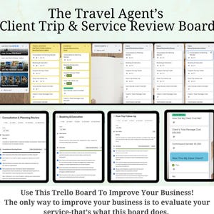 May include: A digital Trello board titled "The Travel Agent's Client Trip & Service Review Board." The board is designed to improve business by evaluating service. The board includes sections for consultation, booking, and post-trip follow-up.