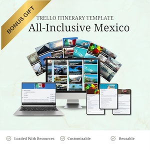 以下が含まれることがあります： メキシコへのオールインクルーシブ旅行のデジタル旅行日程テンプレート。ラップトップ、デスクトップコンピューター、タブレットに表示されます。画像には「Trello Itinerary Template」と「All-Inclusive Mexico」のテキストが含まれています。