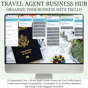 Może przedstawiać: Monitor komputerowy wyświetla tablicę Trello zatytułowaną Travel Agent Business Hub, zawierającą uporządkowane listy linków biznesowych, partnerskich, narzędzi, dostawców i notatek o miejscach docelowych, na tle paszportu i mapy.