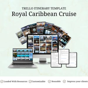 May include: A digital itinerary template for a Royal Caribbean Cruise, displayed on a laptop, desktop monitor, and tablets. The image includes the text "TRELLO ITINERARY TEMPLATE" and "Royal Caribbean Cruise". The template is loaded with resources, customizable, reusable, and designed to impress clients.