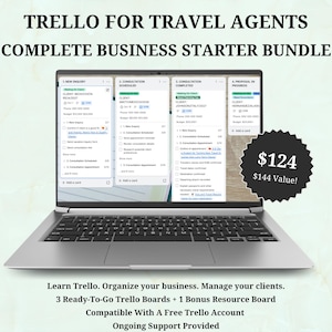 Può includere: Un computer portatile argentato che mostra un'interfaccia di bacheca Trello per agenti di viaggio. Lo schermo mostra colonne intitolate New Inquiry, Consultation Scheduled, Consultation Completed e Proposal In Progress. Un grafico a stella nero mostra $124.