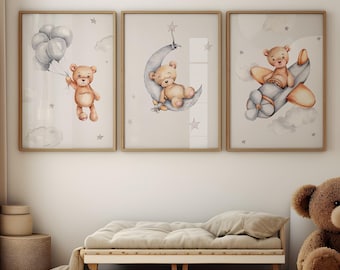 Teddy Bear Nursery Prints Set: Neutral Tone Kids Room Wall Art