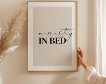 Namastay in Bed Print: Beige Bedroom Wall Art