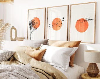 Sunset Nature Prints Set: Orange Wall Art, Birds (UNFRAMED)