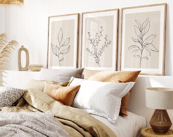 Botanical Line Art Prints: Beige Neutral Home Decor, Set of 3 (UNFRAMED)