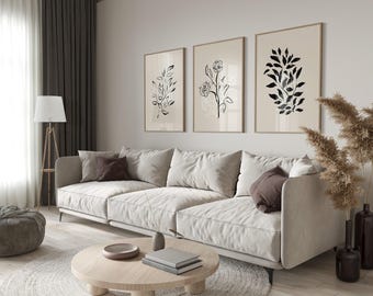 Botanical Line Art Prints: Set of 3 Modern Beige Wall Art (UNFRAMED)