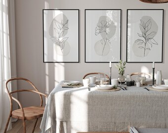 Botanical Line Art Prints: Grey Neutral Home Decor, Set of 3 (UNFRAMED)