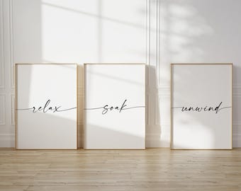 Relax Soak Unwind Print Set: Calming Bathroom Wall Art