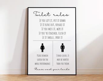 Funny Toilet Rules Print: Bathroom Wall Art (UNFRAMED)