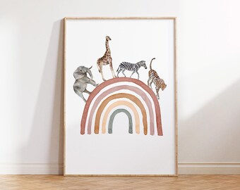 Rainbow Safari Animals Nursery Print: Baby Room Wall Art
