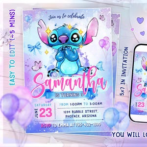 Editable Stitch Birthday Party Invitation Template, Cartoon Birthday Invitation, Stitch Bday Party Invitation, Canva Stitch Bday evite