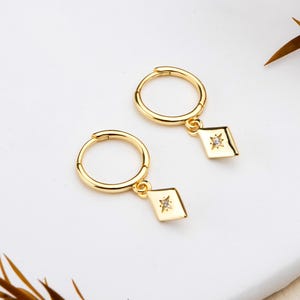 Dainty Sterling Silver Hoop Earrings: Star Drop Huggie Hoops