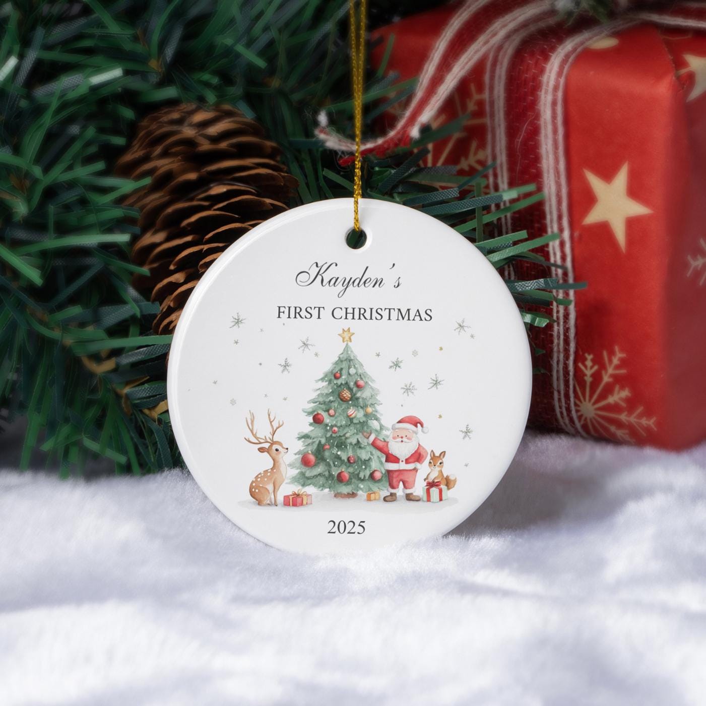 Discover Baby's First Christmas Decoration, Keepsake Christmas Bauble Gift Ceramic Ornament, Personalised Baby's 1st Christmas Scene Decoration