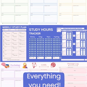 May include: A printable study planner with sections for Biology, Chemistry, Physics, and Psychology. The planner includes a weekly study plan, study hours tracker, practice test score tracker, passage log, and CARS strategies. The planner is designed to help students organize their studies and track their progress.
