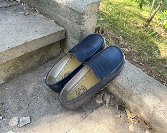 Damen Leder Barfuß Erdungsschuhe: Navy Blue, Handmade, Zero Drop Natural