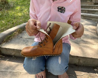 Grounding Leather Barefoot Women Boots: Handmade Minimalist Caramel Shoes