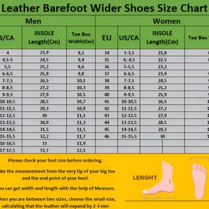 Puede incluir: Tabla de tallas para zapatos de cuero descalzos m&aacute;s anchos, con tallas EU y US/CA, longitud de la plantilla en cm y ancho de la puntera en cm. Incluye instrucciones para medir los pies.