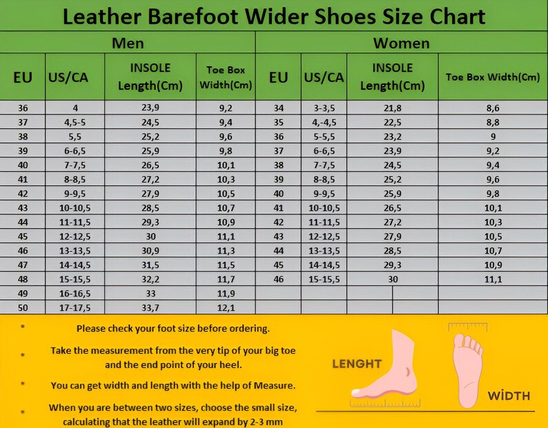Puede incluir: Tabla de tallas para zapatos de cuero descalzos m&aacute;s anchos, con tallas EU y US/CA, longitud de la plantilla en cm y ancho de la puntera en cm. Incluye instrucciones para medir los pies.