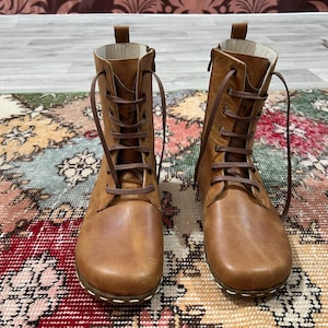 Barefoot Men Zero Drop Natural Leather Boots,Earthing Minimalist Handmade Men Wide Teo Box Boots,Grounding Walking Crazy Caramel Boots Shoes