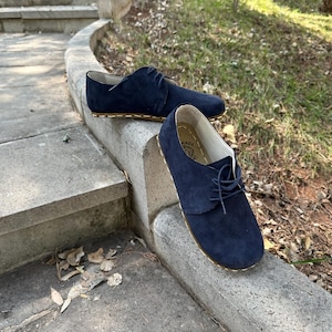 Barefoot Women Shoes,Natural Handmade Women Shoes,Zero Drop Leather Shoes, Grounding Women Shoes,Shoe Women, Leather Suede Navy Blue Shoes