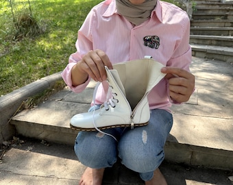 Barefoot leren geaarde dameslaarzen: handgemaakt natuurlijk wandelwit