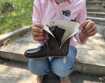 Botas descalzas de piel natural hechas a mano para mujer: marrón, zapatos para caminar con seguridad.