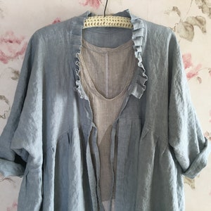 Linen Baby Doll Duster * Dusty Blue Linen Coat * Ruffle Collar * Layering * Pockets * Lagenlook * Oversized * Wide Fit