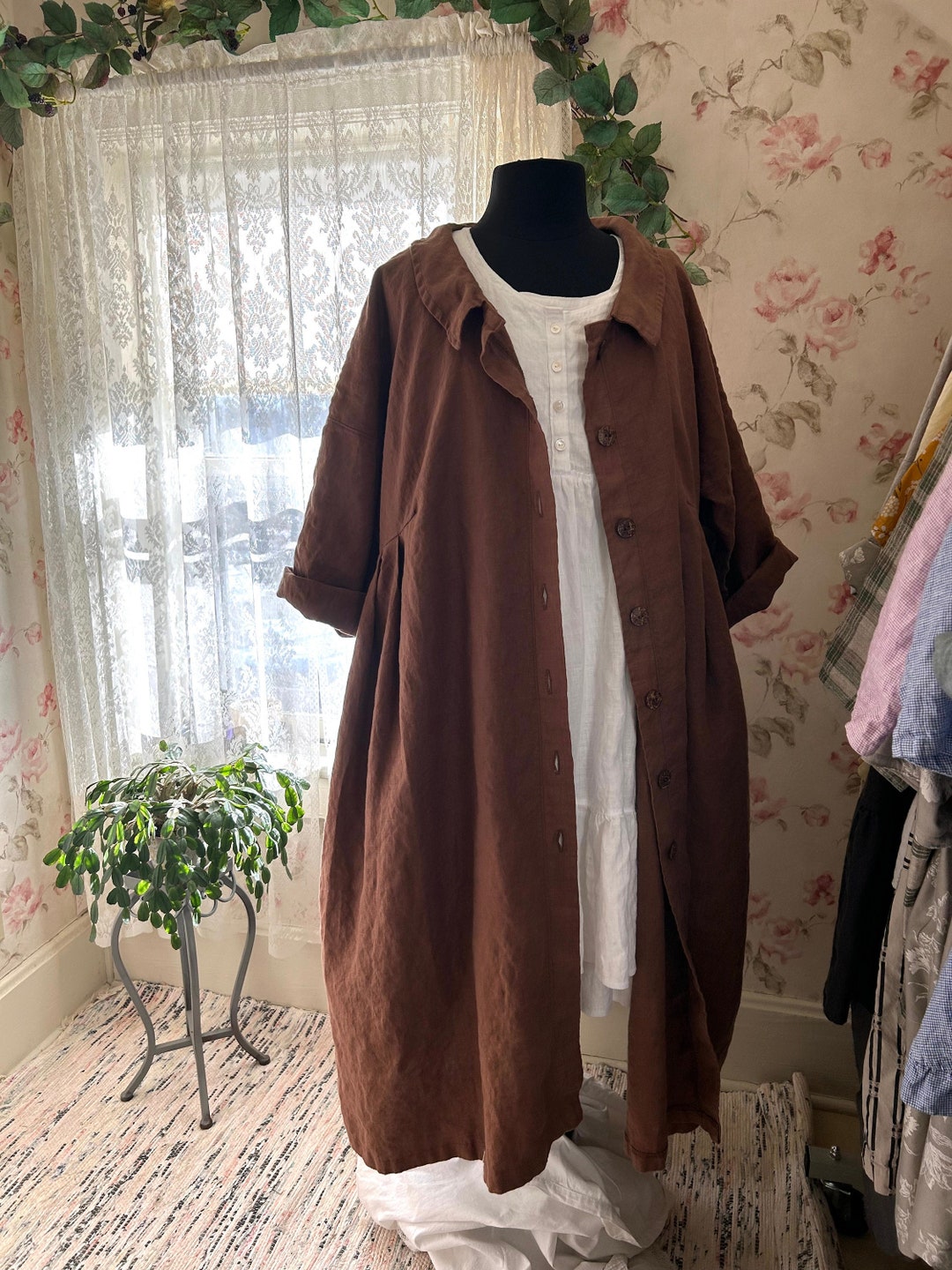 Prairie Dusters Color Long Washed Linen Duster Coat: Brown Prairie Lagenlook With Pockets - Etsy